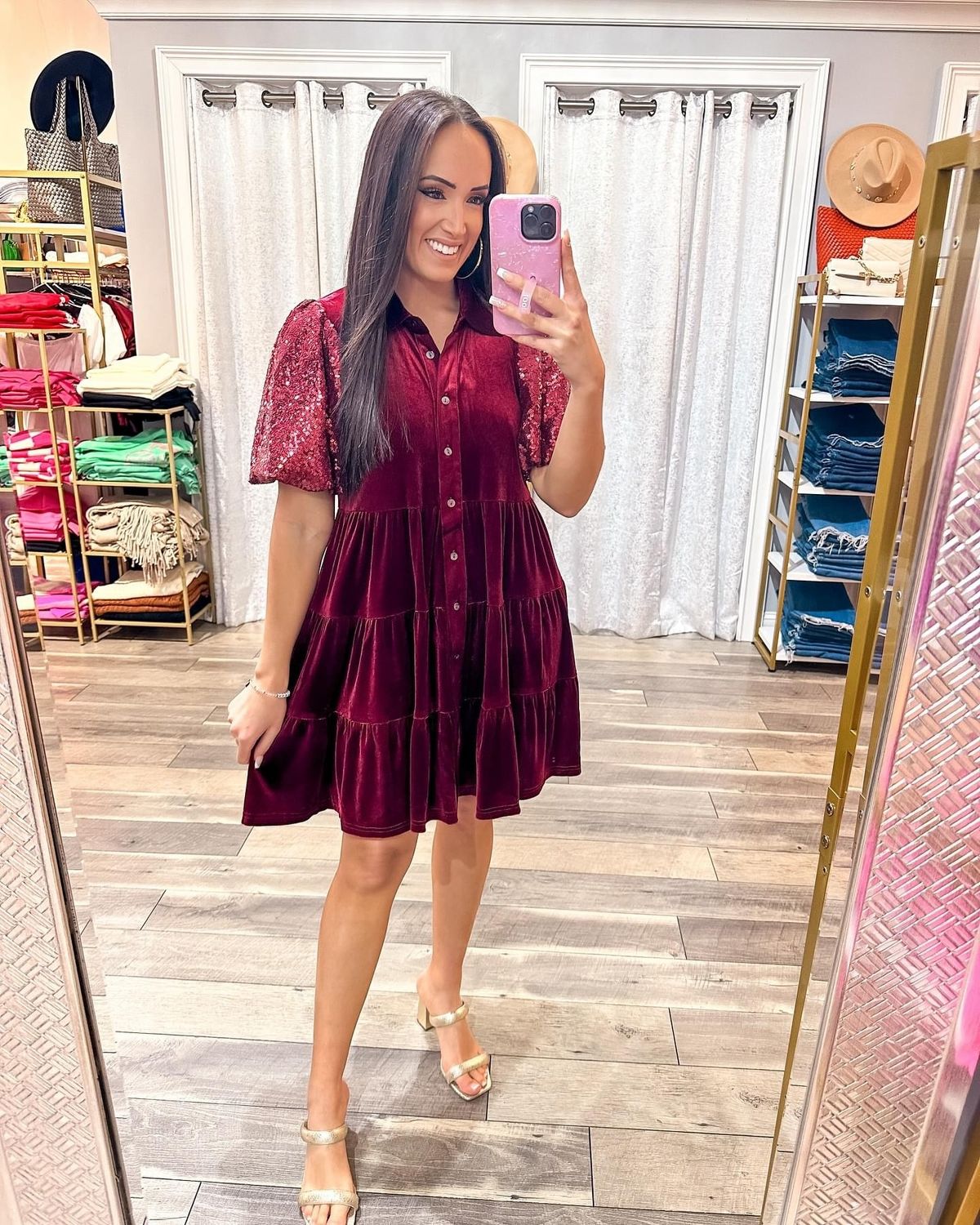 Sequin Puff Sleeves Velvet Button Down Dress