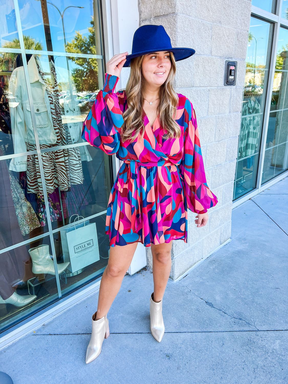 Abstract Tie Waist Dress - Navy/Magenta