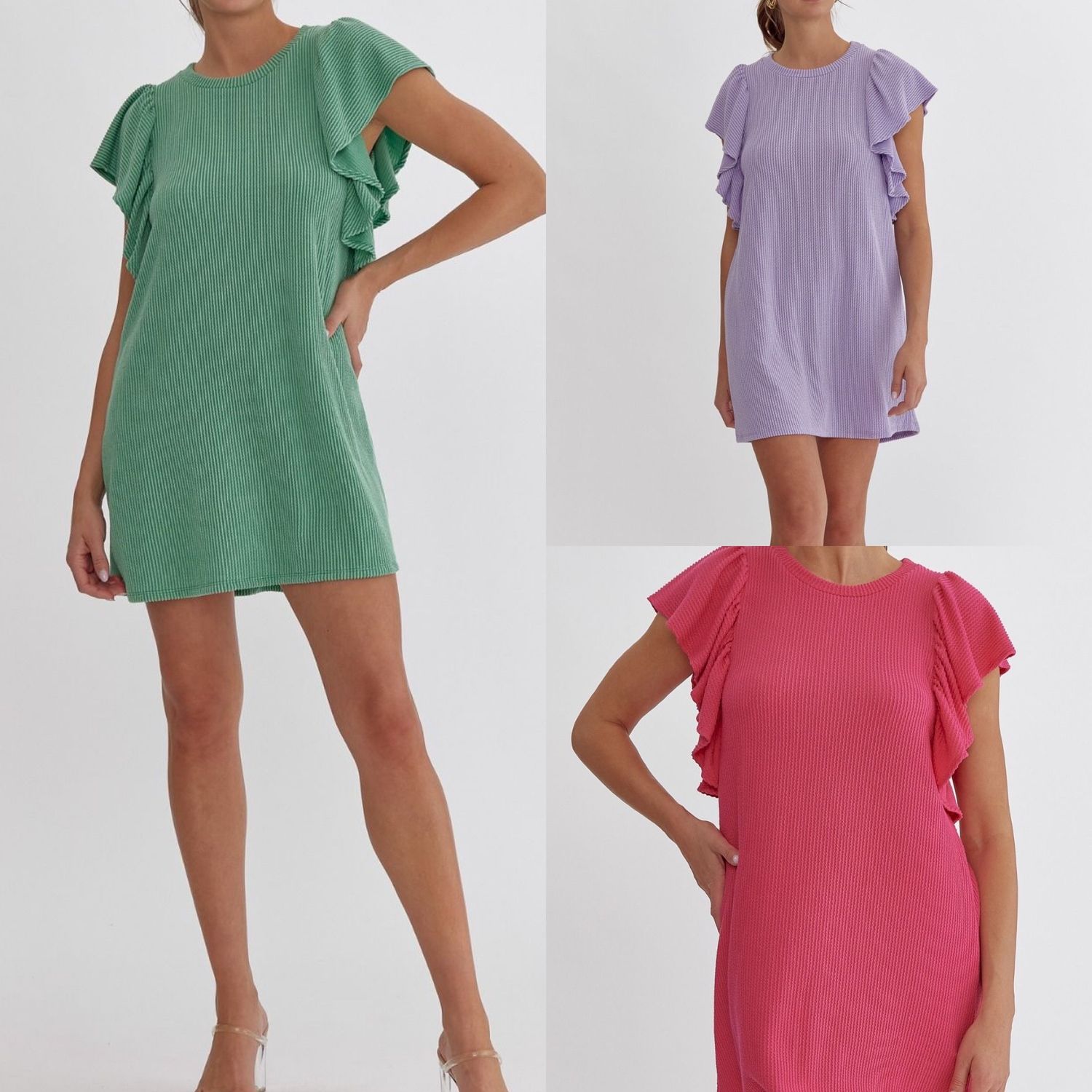 Ruffle Sleeves Ribbed Dress