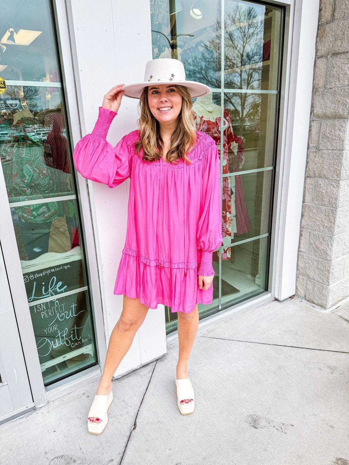 Ruffle Detail Tie Neckline Dress - Pink