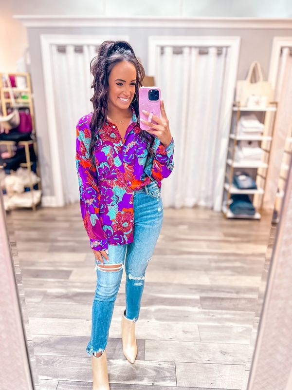 Vibrant Floral Button Down Shirt - Magenta