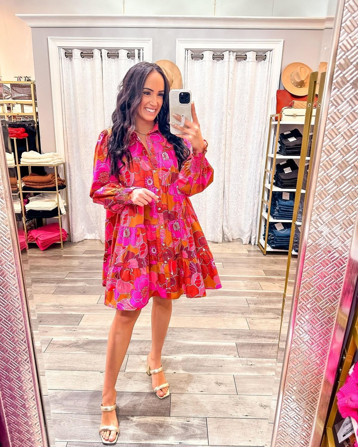 Tiered Floral Button Down Dress - Brown