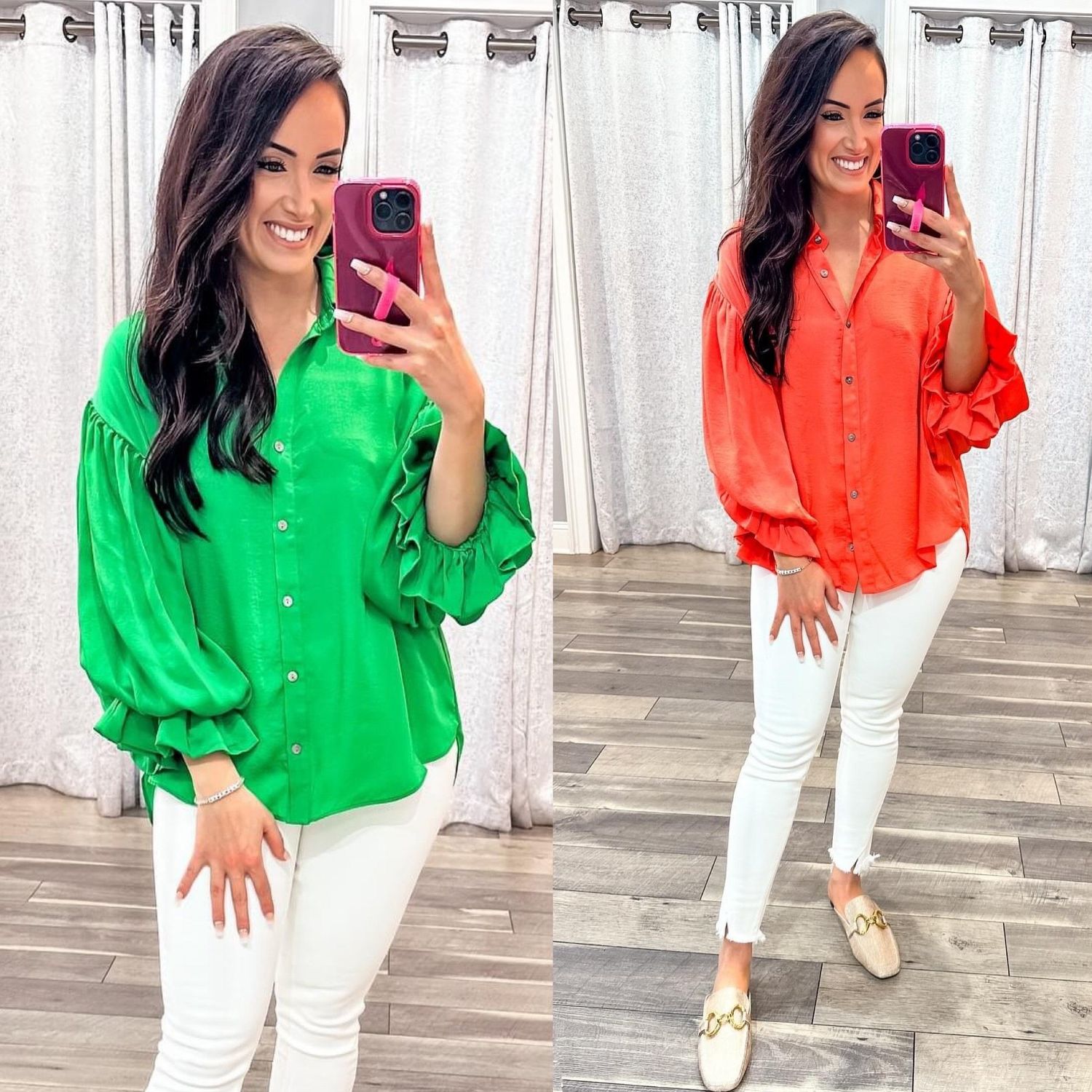 Gathered Sleeves Satin Button Down Shirt