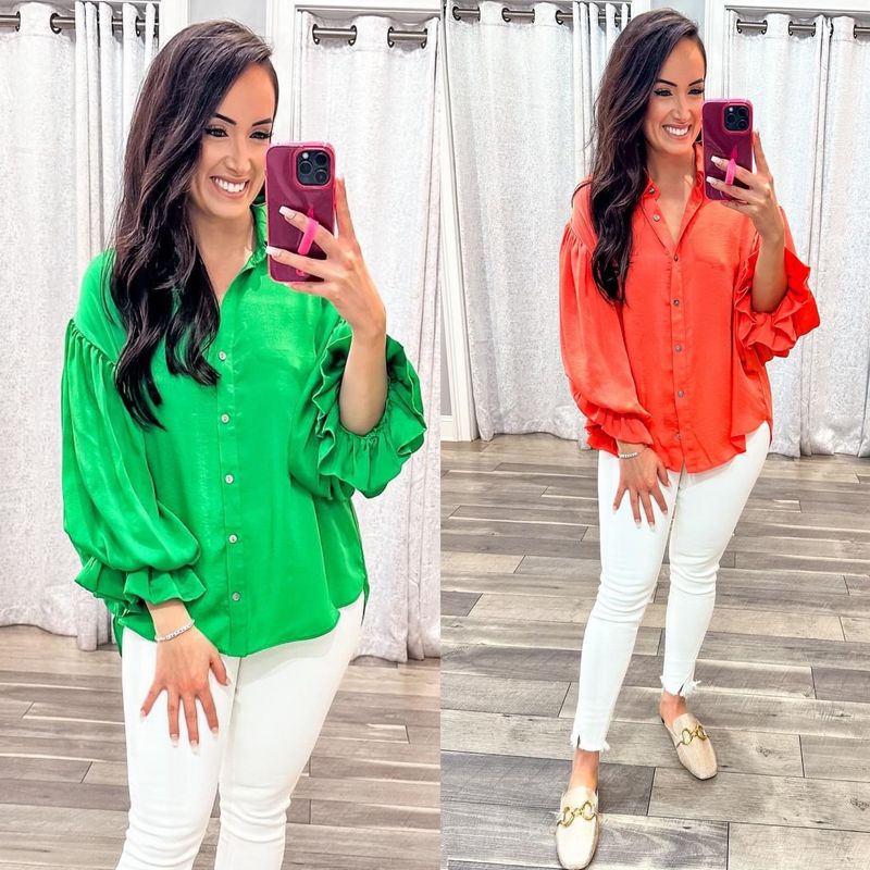Gathered Sleeves Satin Button Down Shirt
