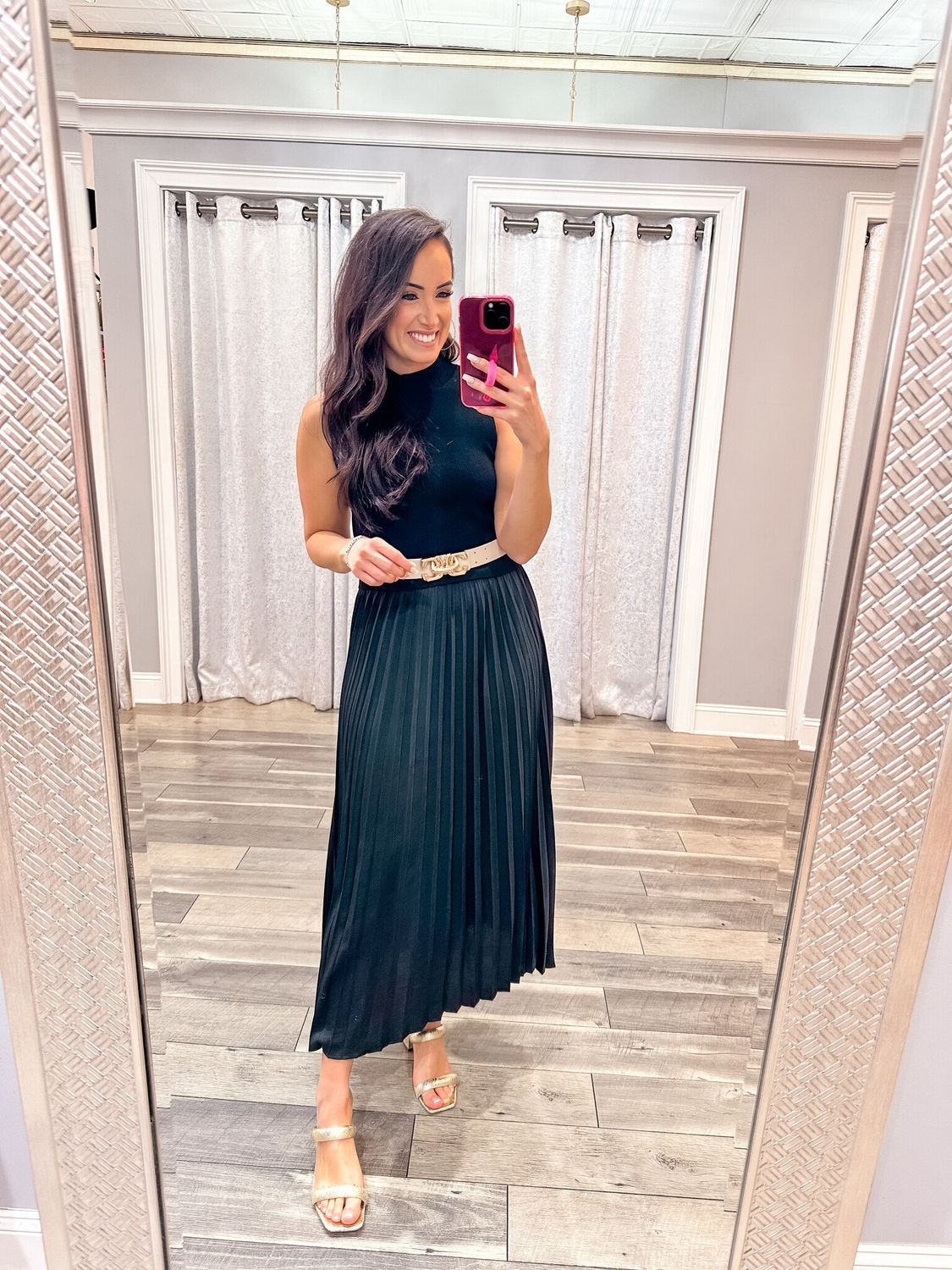 Pleated Contrast Mock Neck Midi Dress - Black