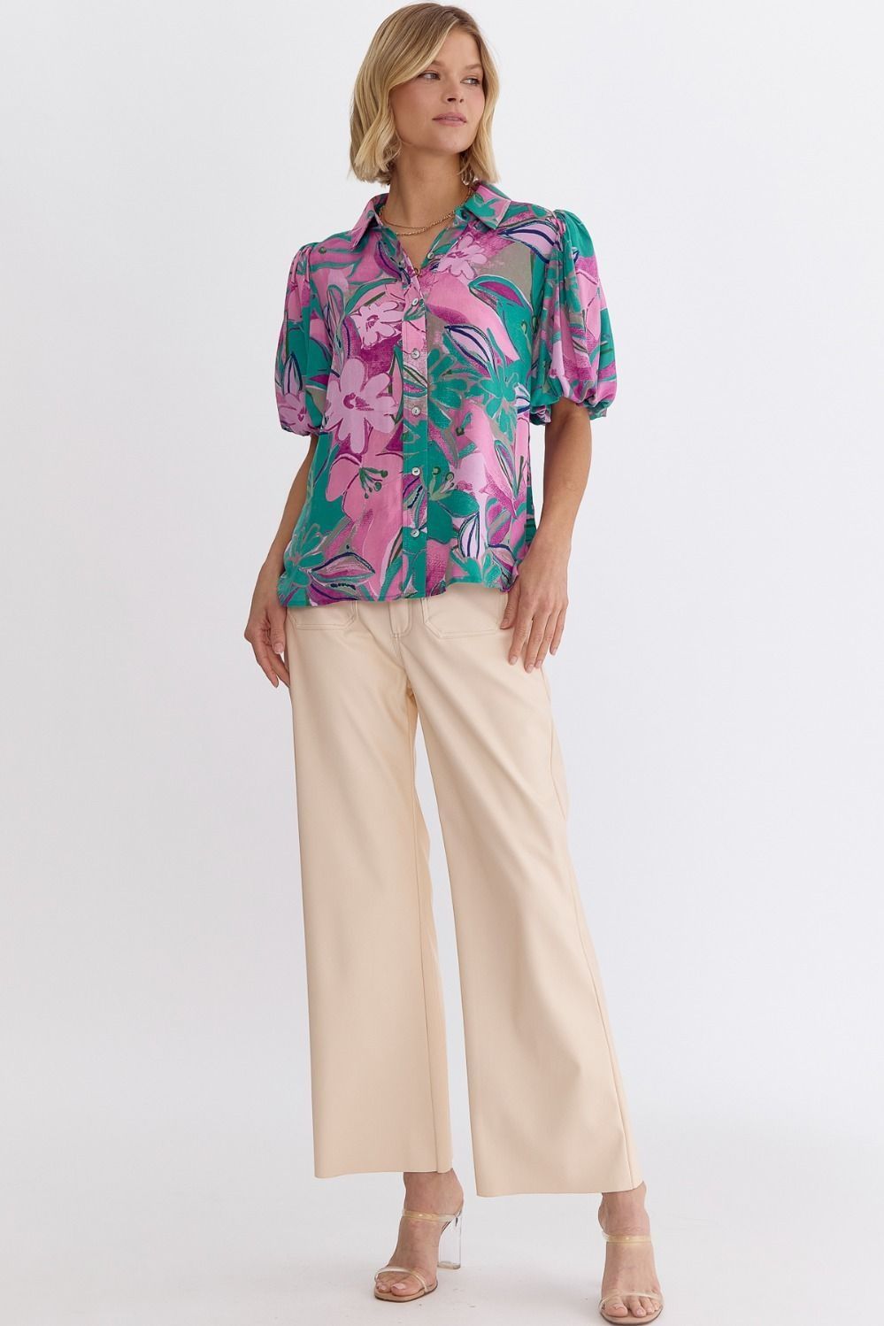 Puff Sleeves Tropical Floral Button Down Top - Pink/Green