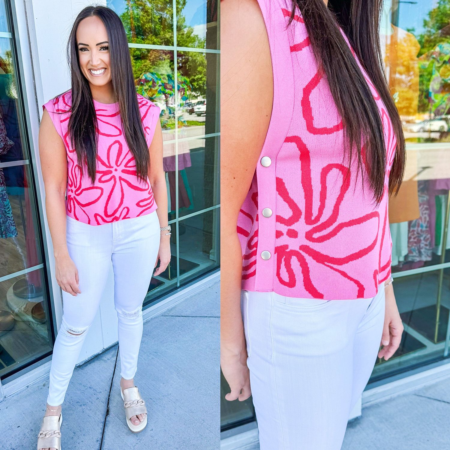 Side Buttons Floral Sweater Top