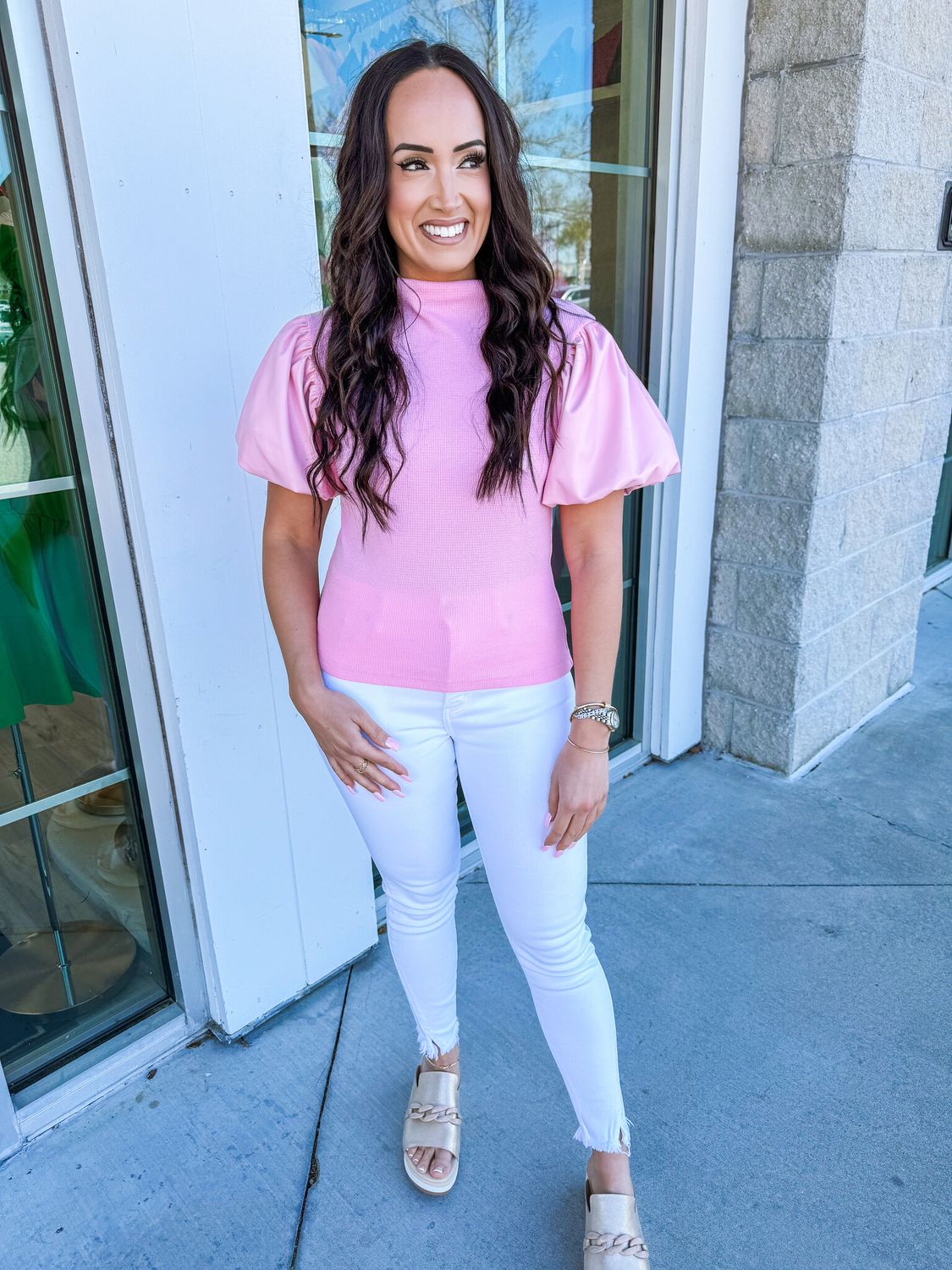 Pleather Sleeves Mock Neck Knit Top - Pink