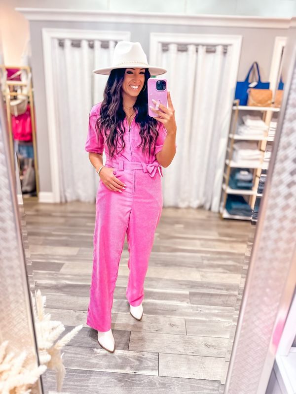 Corduroy Belted Jumpsuit - Hot Pink