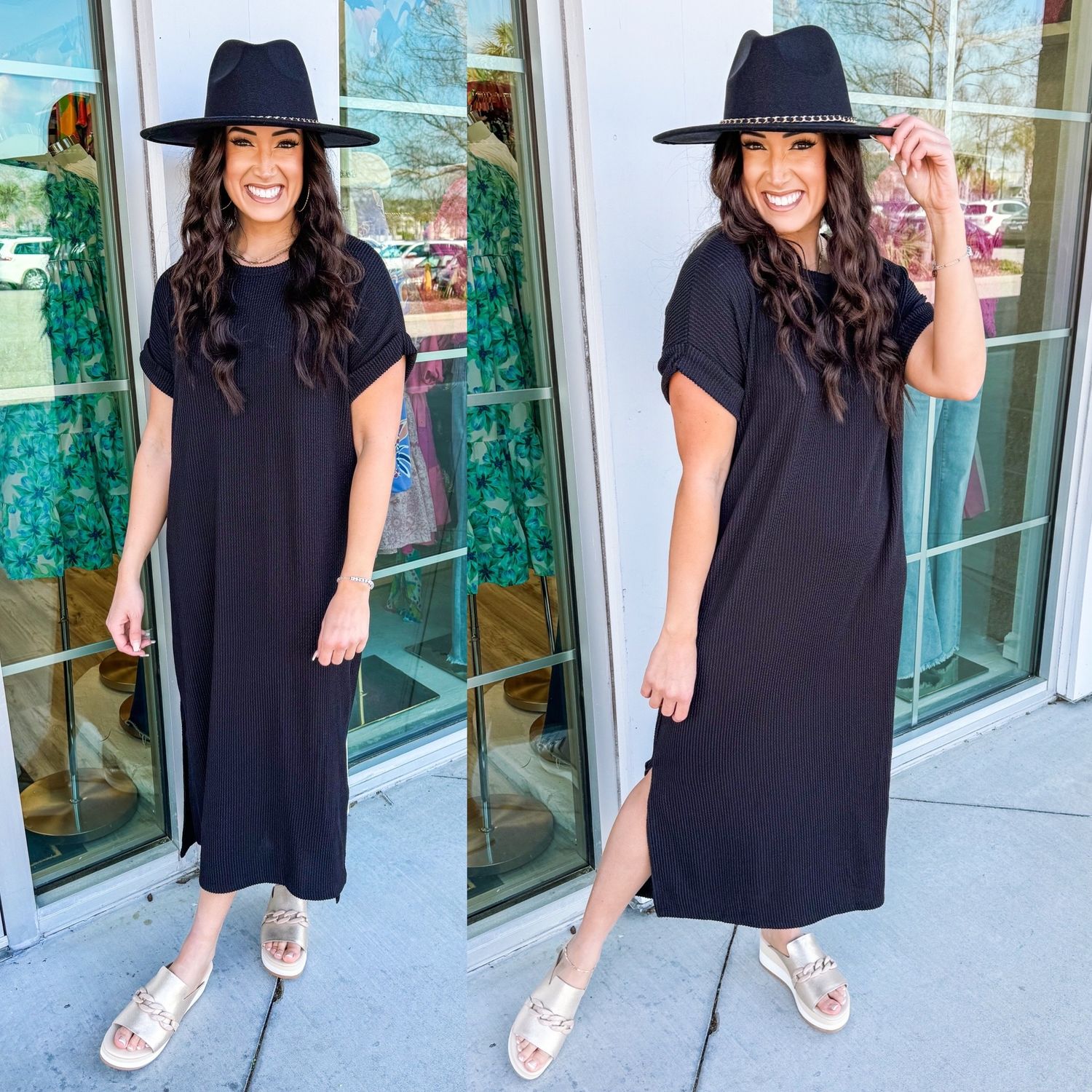 Ribbed Slit Detail Midi Dress