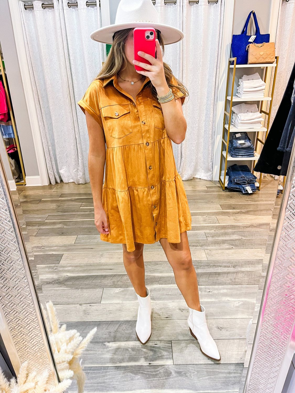 Suede Button Down Dress - Camel