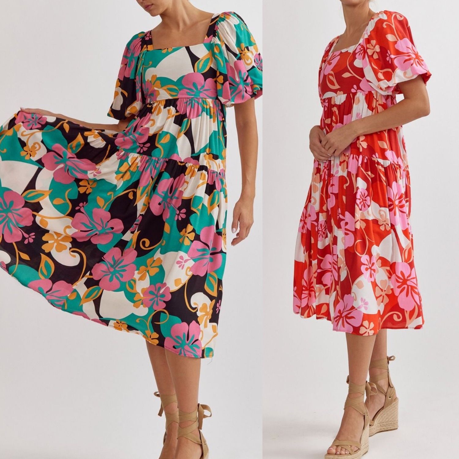 Puff Sleeves Floral Midi Dress