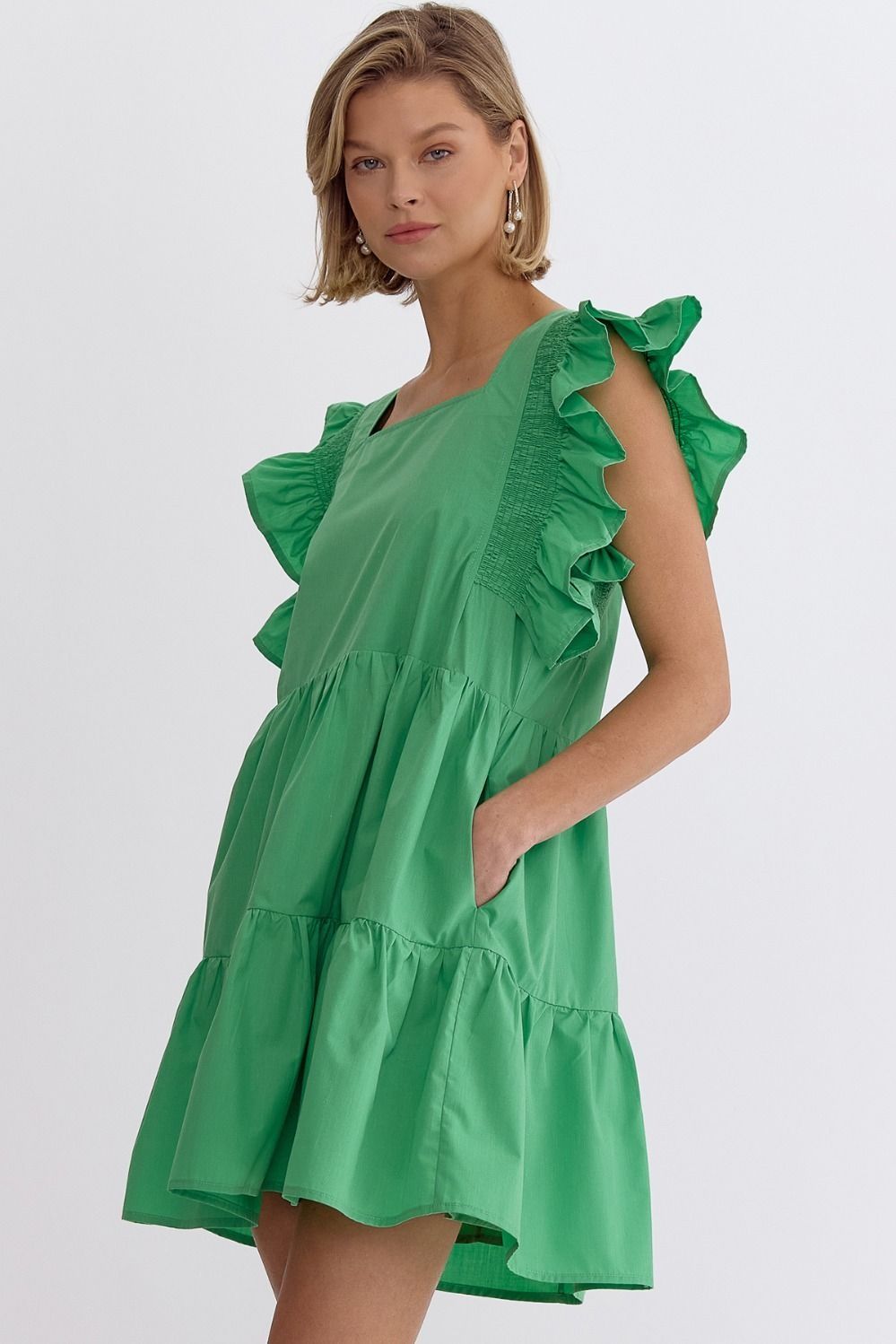Square Neckline Ruffle Sleeves Dress - Kelly Green