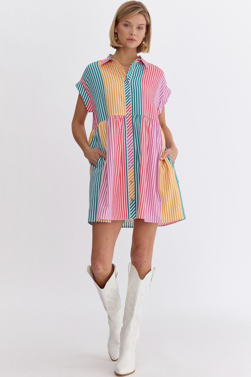 Color Block Striped Button Down Dress - Jade