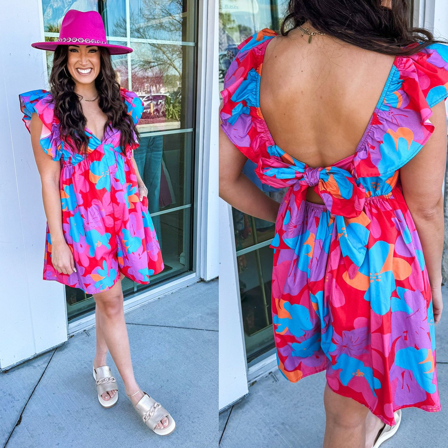 Tie Back Floral Romper - Red/Blue