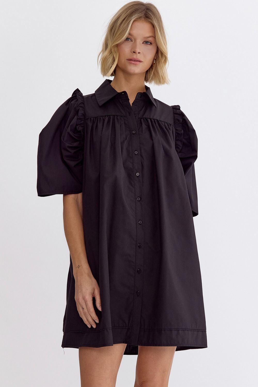 Ruffle Trim Collared Button Down Dress