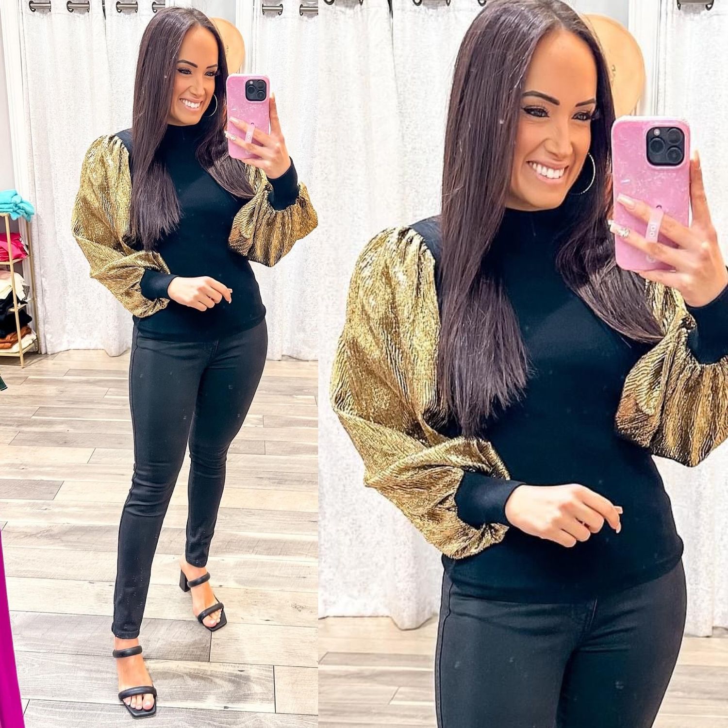 Metallic Sleeves Sweater Top - Black/Gold