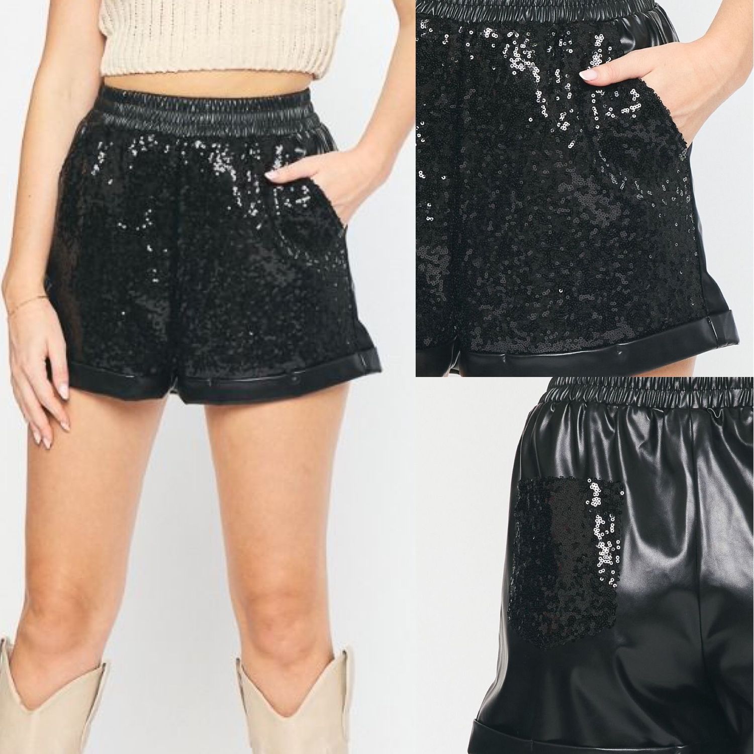 Sequin/Pleather Shorts - Black