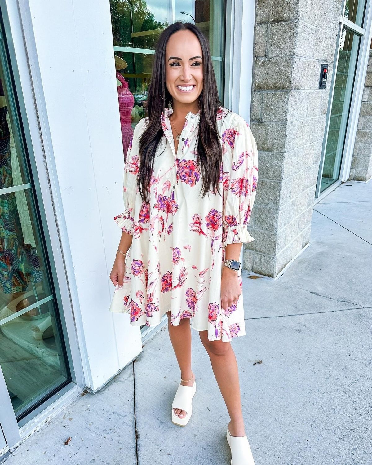 Tie Back Floral Button Up Dress - Cream