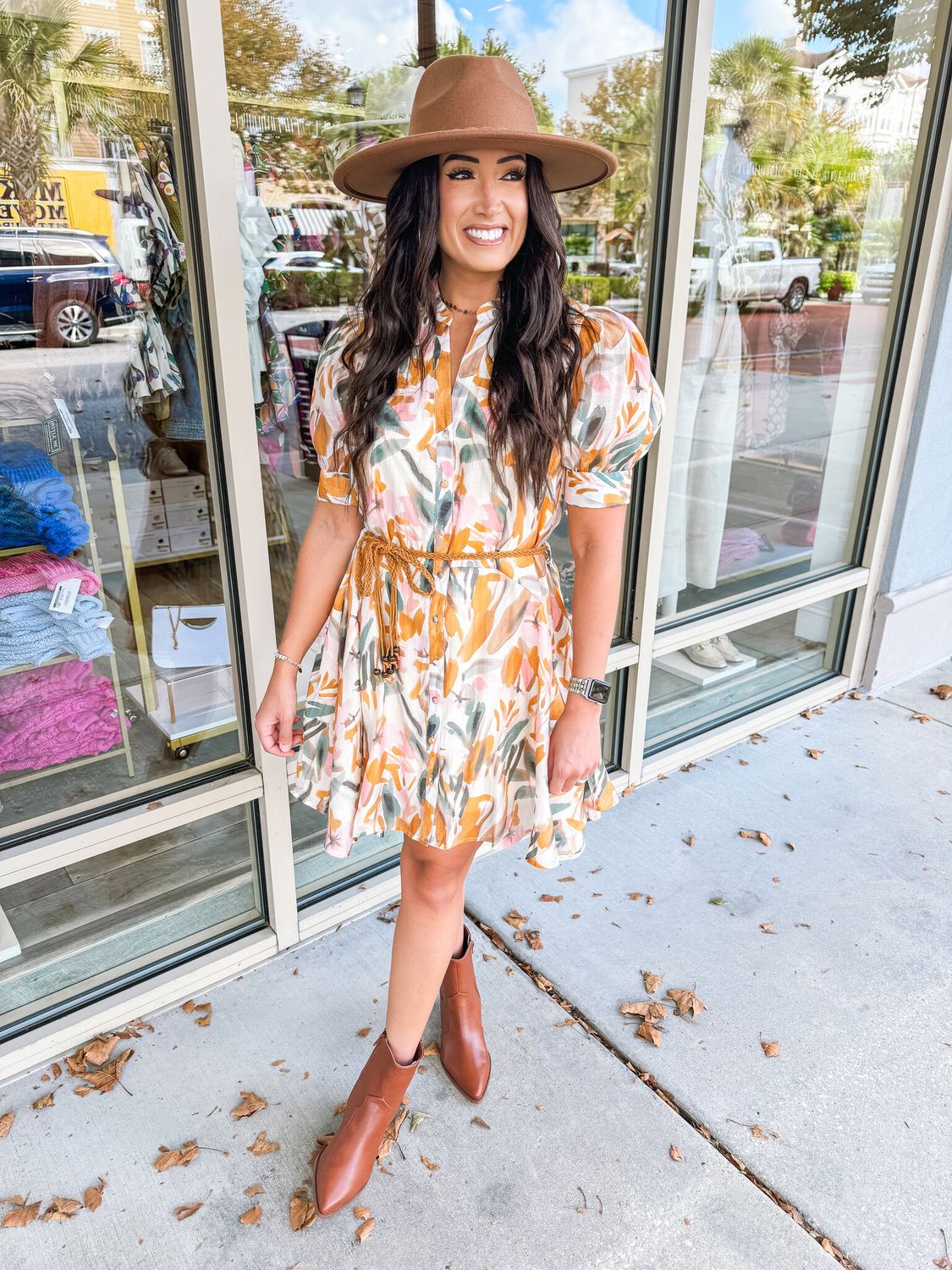 Braided Belt Button Down Dress - Rust