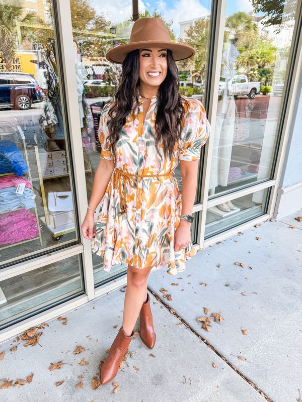 Braided Belt Button Down Dress - Rust