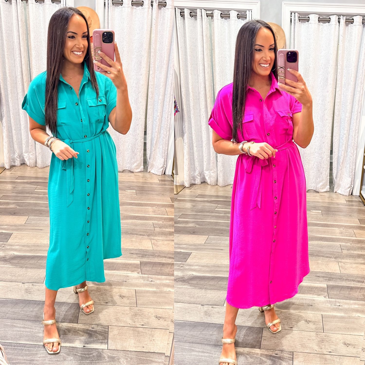 Flap Pocket Button Down Midi Dress