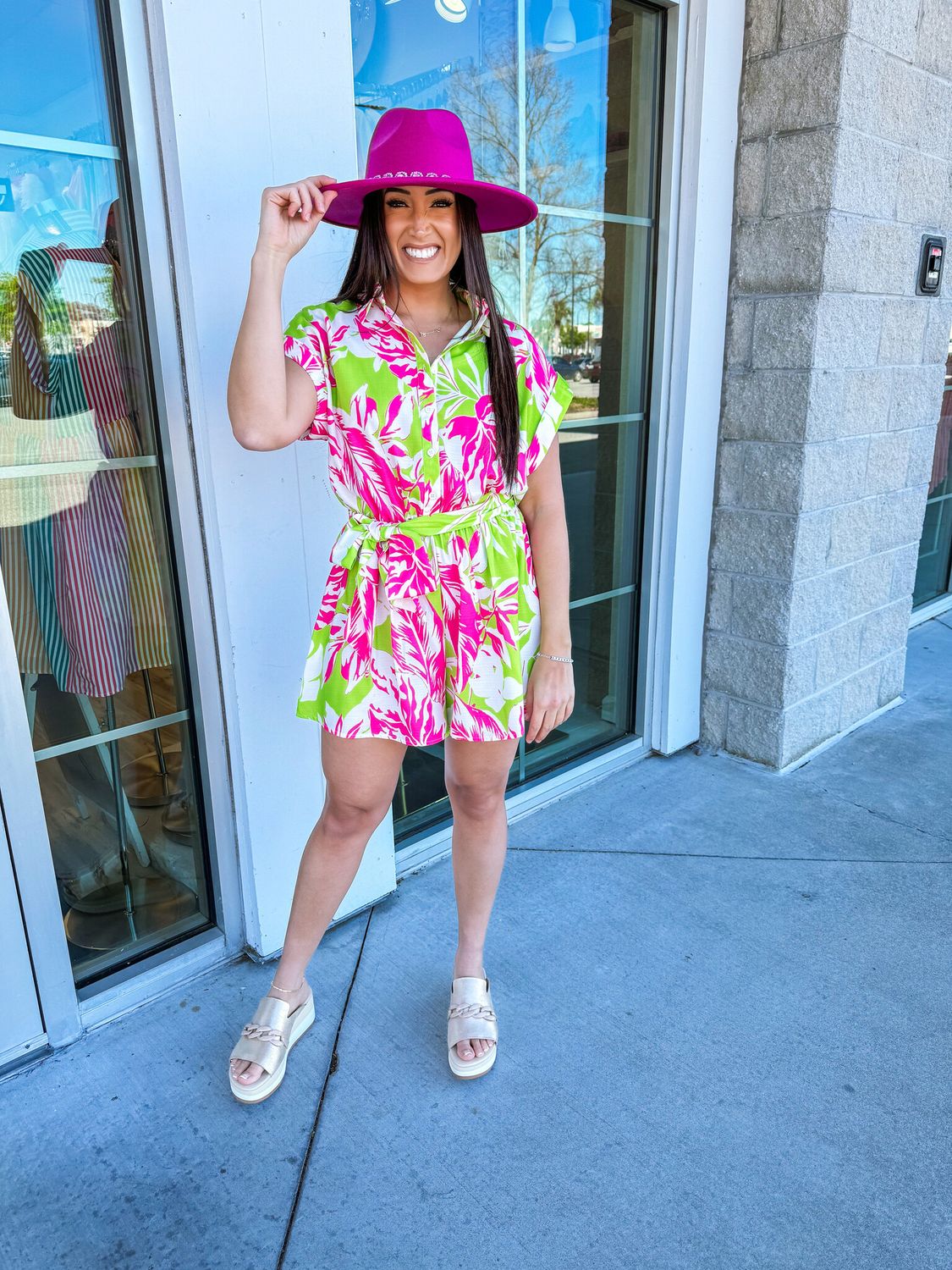 Collared Tropical Button Down Romper - Green