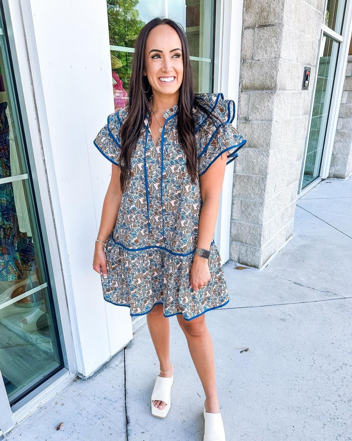 Contrast Piping Floral Dress - Teal Blue