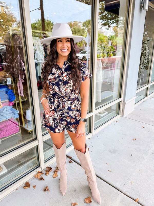 Floral Button Down Romper - Navy