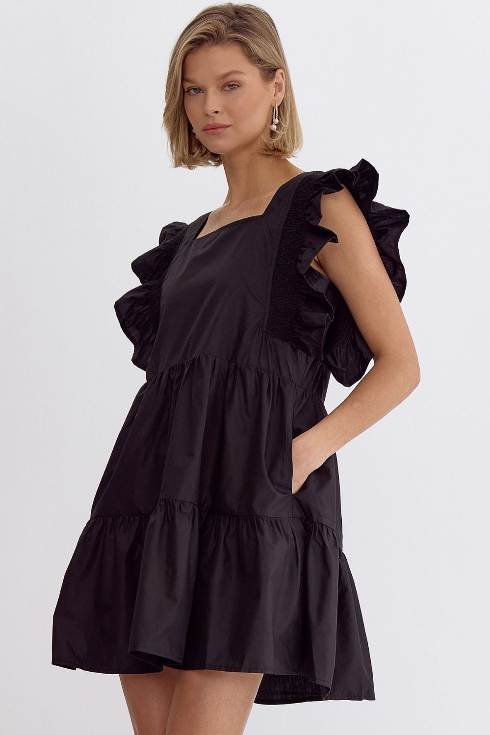 Square Neckline Ruffle Sleeves Dress - Black