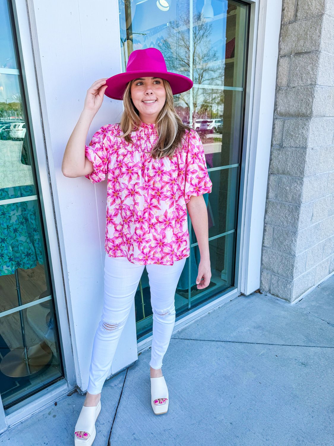 Smocked Detail Floral Mock Neck Top - Pink