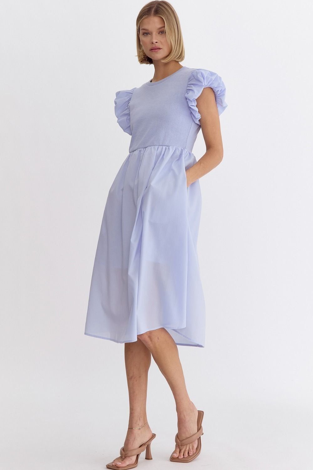 Ribbed/Cotton Puff Sleeves Midi Dress - Chambray