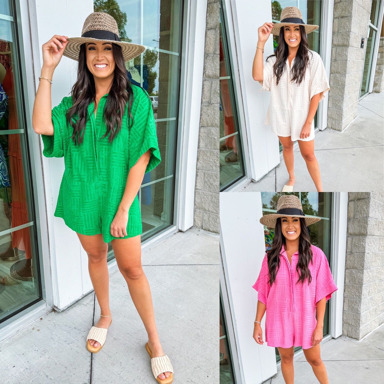 Textured Collared Button Up Romper