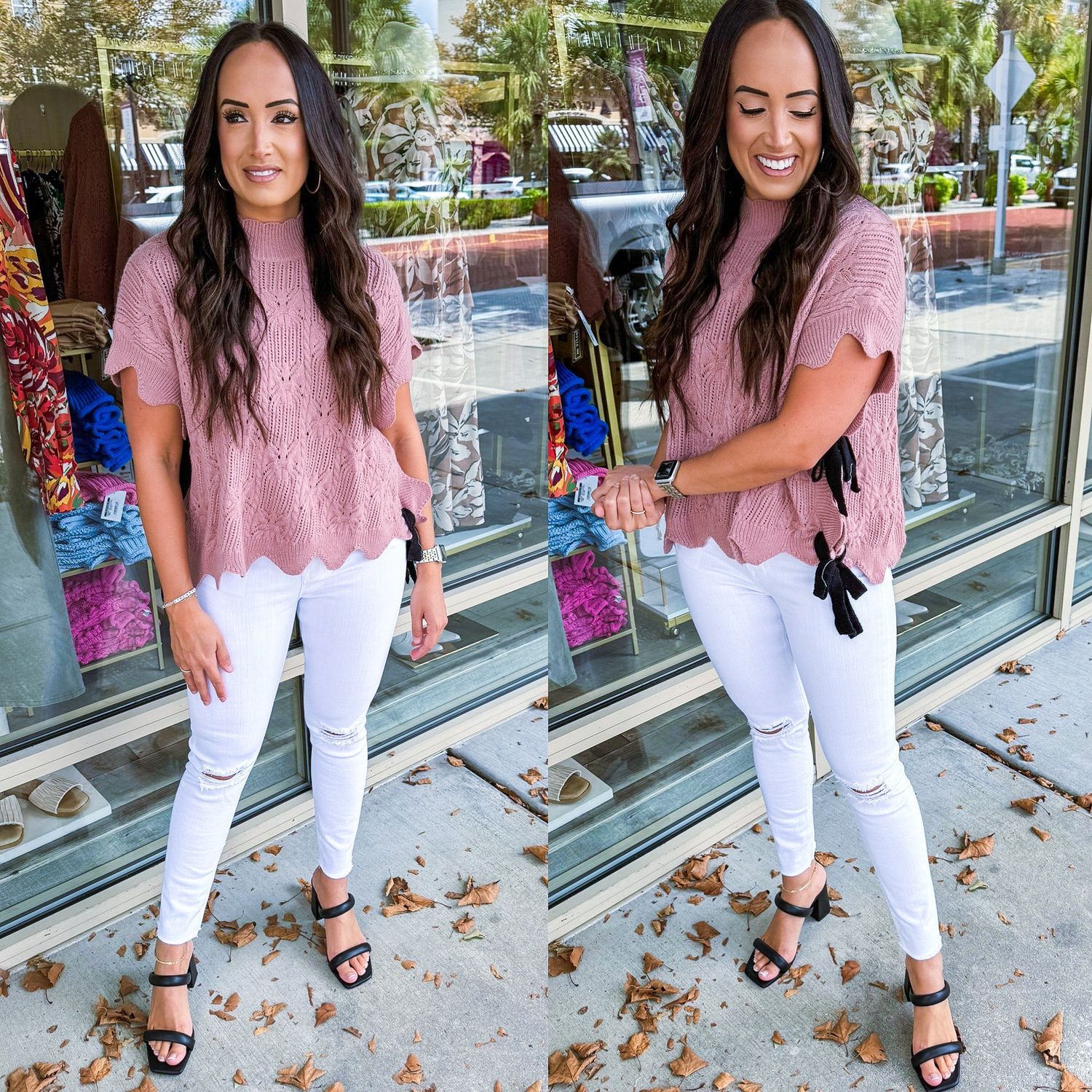 Side Bow Ties Textured Mock Neck Sweater - Blush