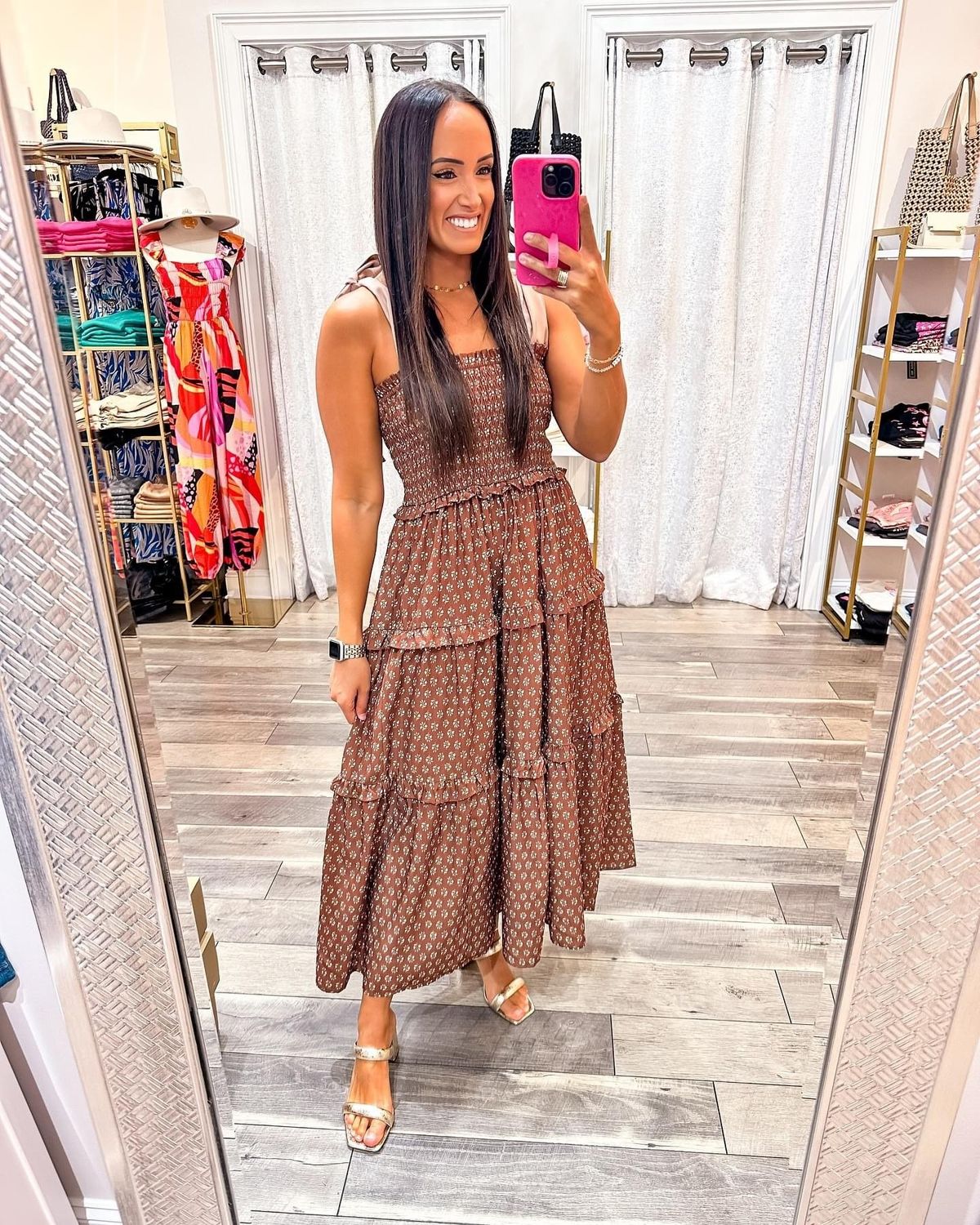 Tie Shoulders Floral Midi Dress - Brown