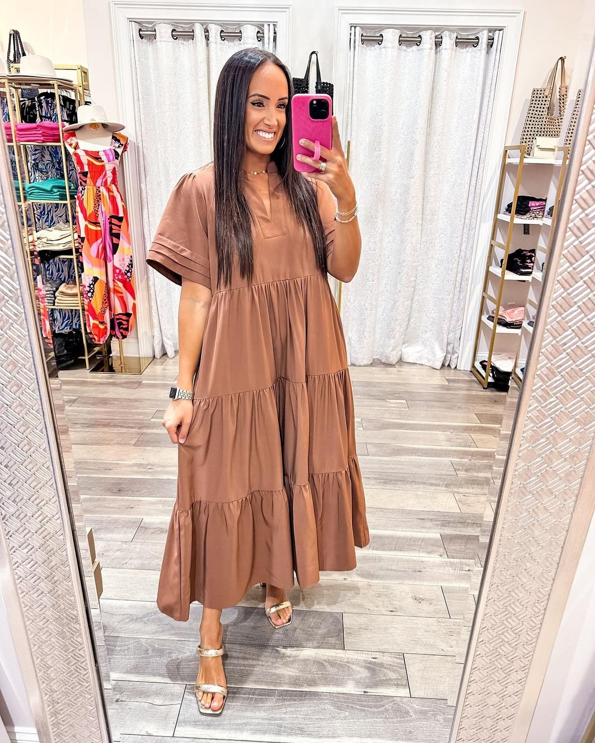 Tiered V Neck Midi Dress - Caramel