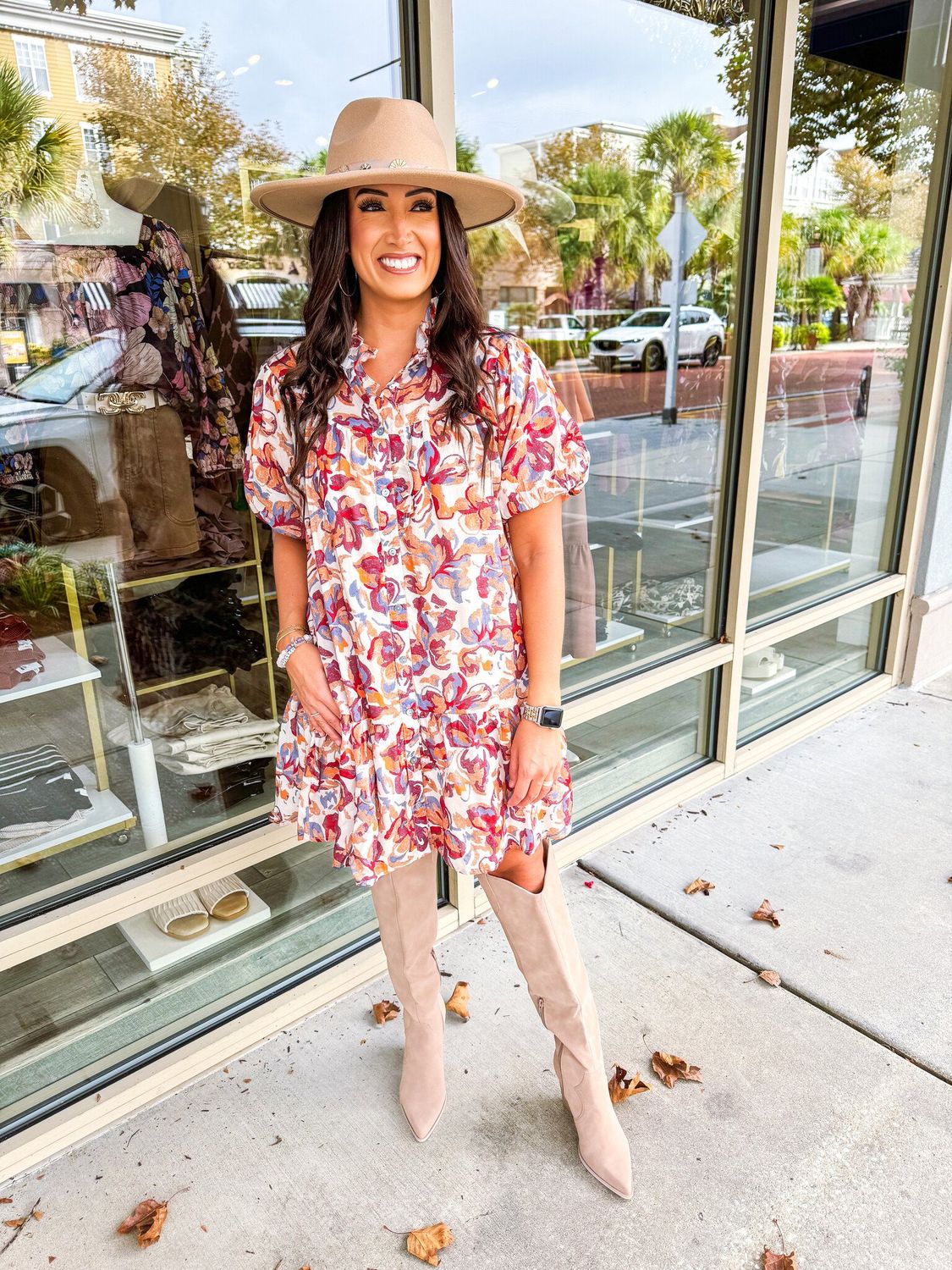 Bubble Sleeves Floral Button Down Dress - Burgundy