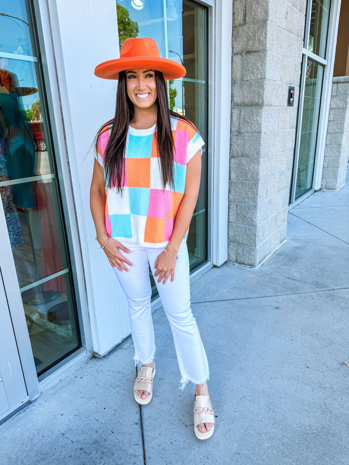 Color Block Sweater Top - Orange/Pink