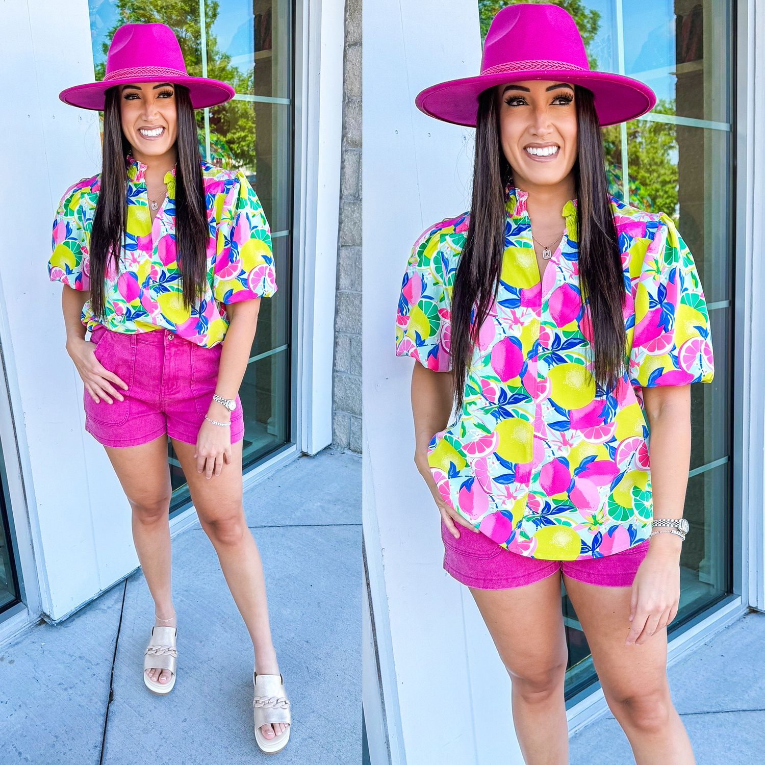 Puff Sleeves Lemons Top - Pink