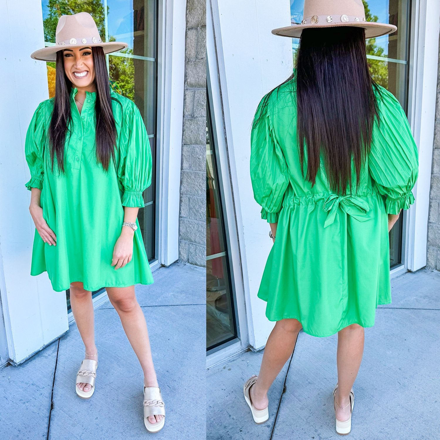 Pleated Sleeves Tie Back Dress - Green