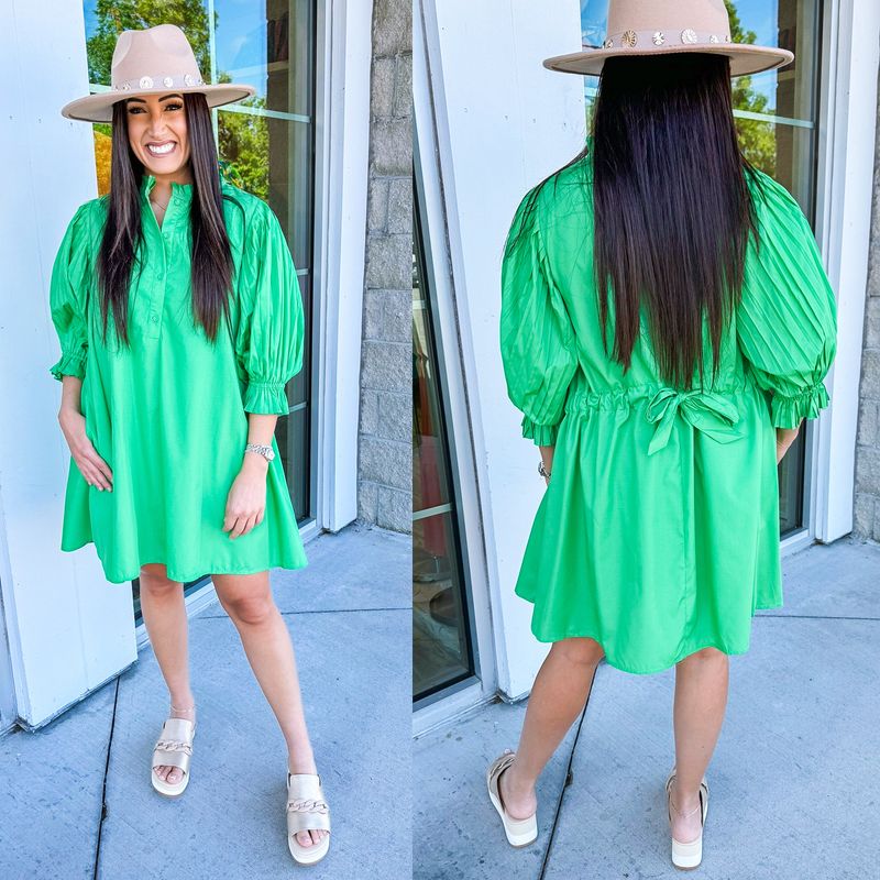 Pleated Sleeves Tie Back Dress - Green
