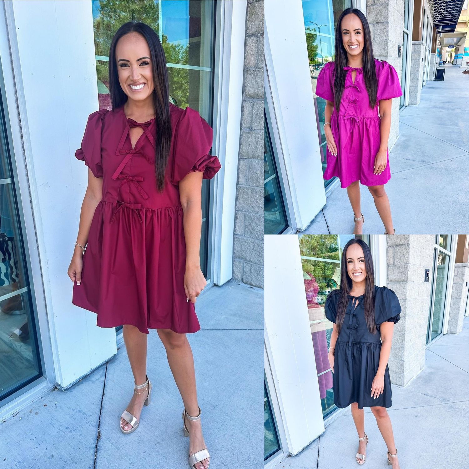 Ribbon Detail Bubble Sleeves Dress