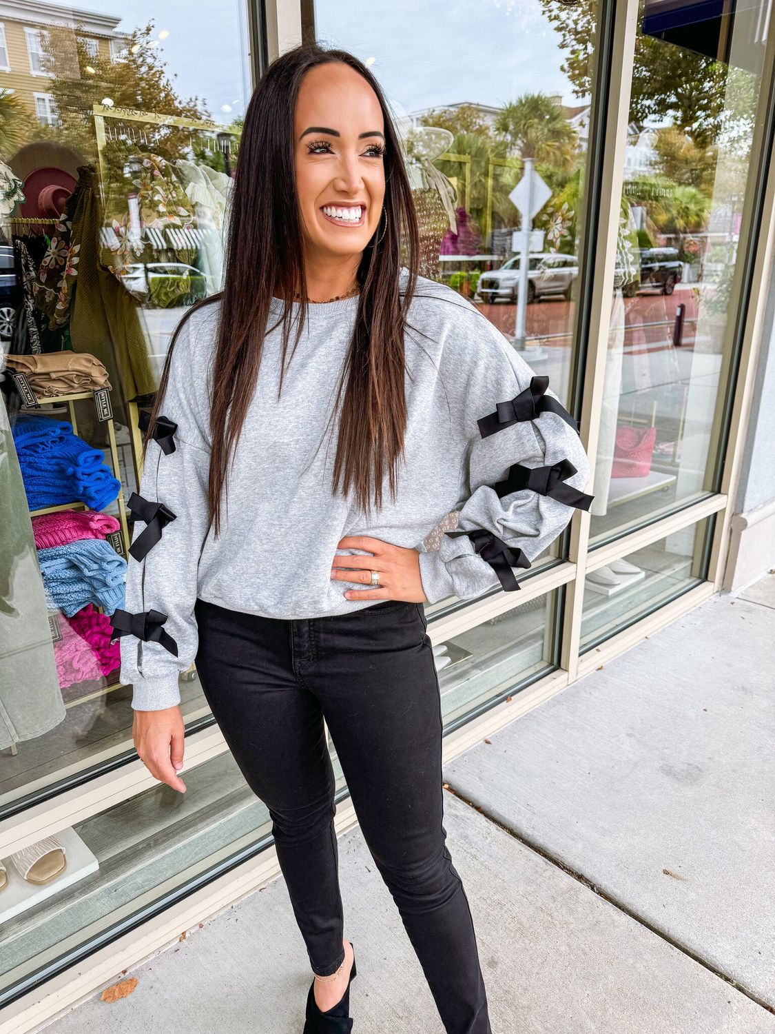 Ribbon Sleeves Sweatshirt - Grey