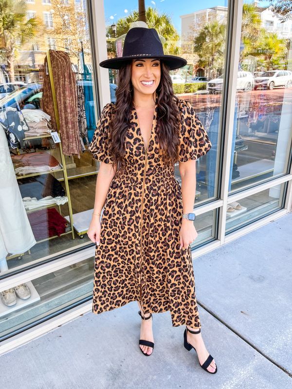Zipper Detail Leopard Midi Dress - Camel
