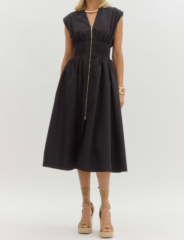 Smocking Waist Zipper Midi Dress - Black