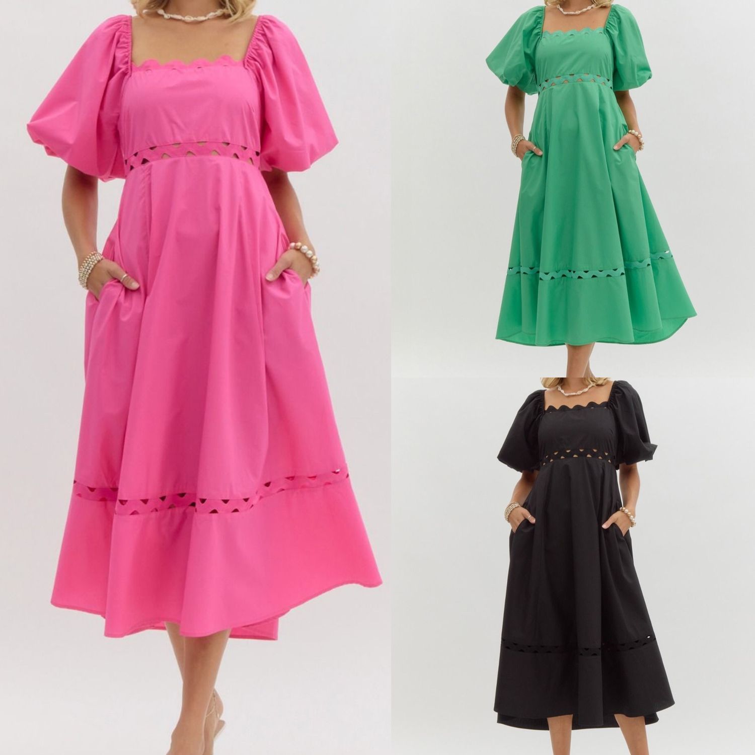 Ric Rac Trim Puff Sleeves Midi Dress