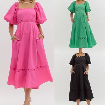 Ric Rac Trim Puff Sleeves Midi Dress