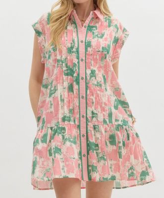 Pintuck Detail Abstract Button Down Dress - Green
