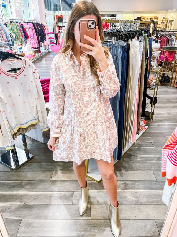 Striped Trim Floral Button Down Dress - Pink