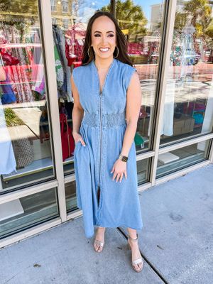 Smocking Waist Denim Zipper Midi Dress - Lt. Blue